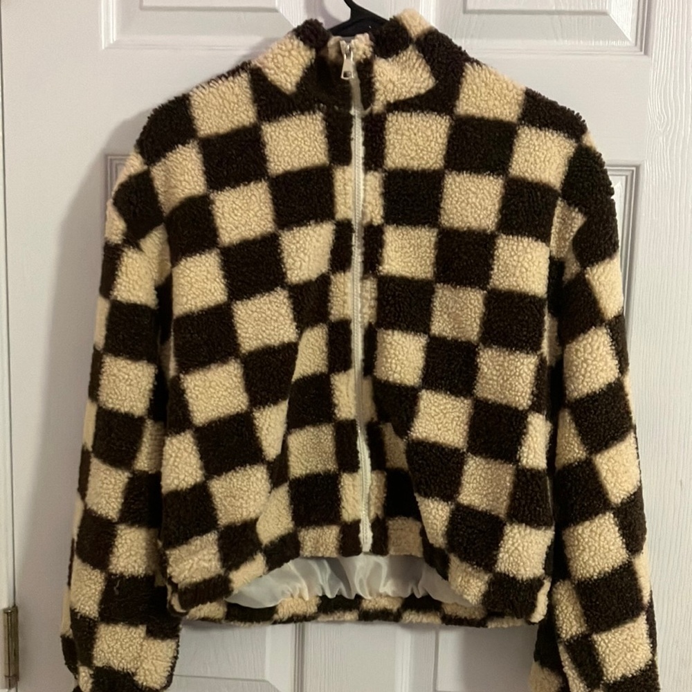brown and peach zip up
